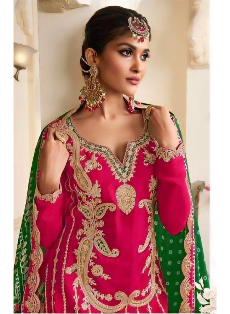 Grab Mantra Readymade Pink Colour Silk Suit With Green Printed Dhoti Salwar Plus Dupatta - Image 2